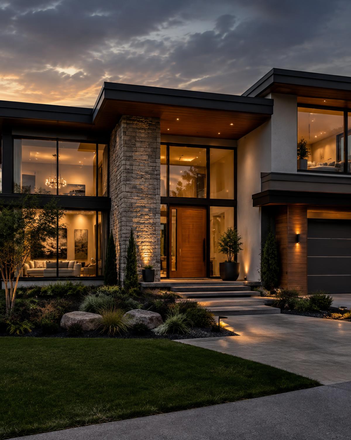Modern custom-built residence at dusk